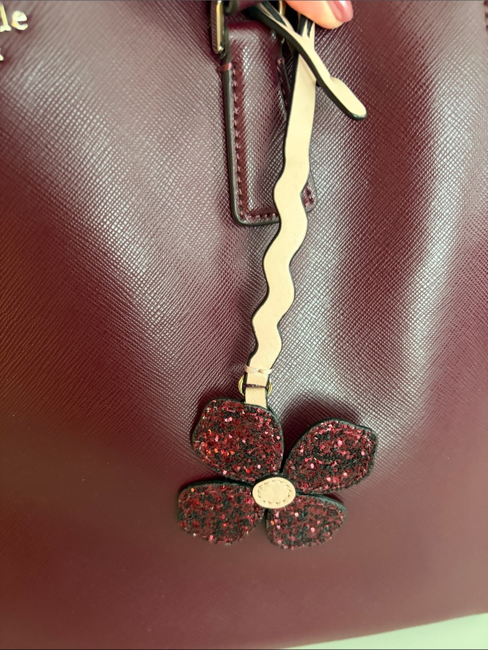 kate spade Burgundy Saffiano Leather Tote with Floral Charm - Picture 4 of 11